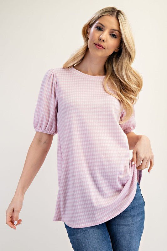 Celeste Full Size Gingham Print Top With Puff Sleeves Plus Size - Classique Collection