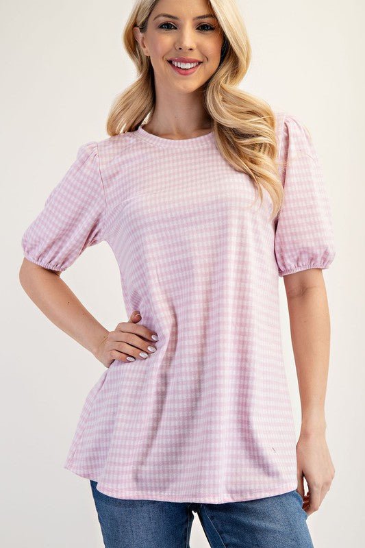 Celeste Full Size Gingham Print Top With Puff Sleeves Plus Size - Classique Collection