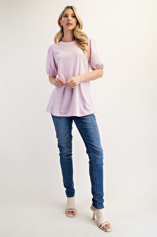 Celeste Full Size Gingham Print Top With Puff Sleeves Plus Size - Classique Collection