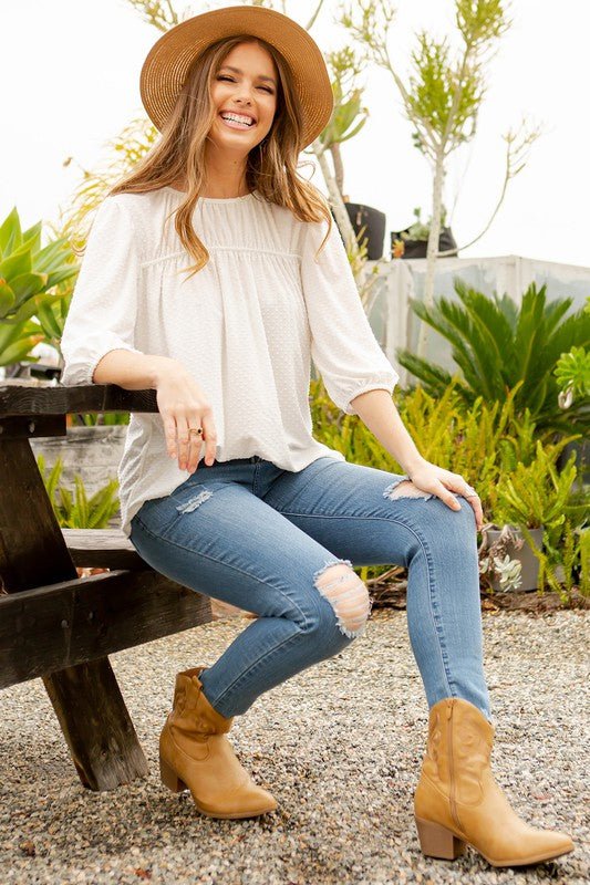Celeste Full Size Puff Sleeve and Bow Detail Top Plus Size - Classique Collection