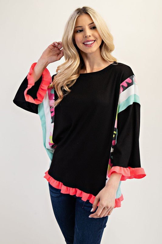 Celeste Full Size Ruffle Sleeve Color Block Top Plus Size - Classique Collection