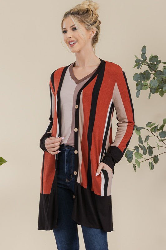 Celeste Full Size Striped Button Up Long Sleeve Cardigan Plus Size - ClassiQ