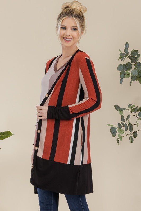 Celeste Full Size Striped Button Up Long Sleeve Cardigan Plus Size - ClassiQ