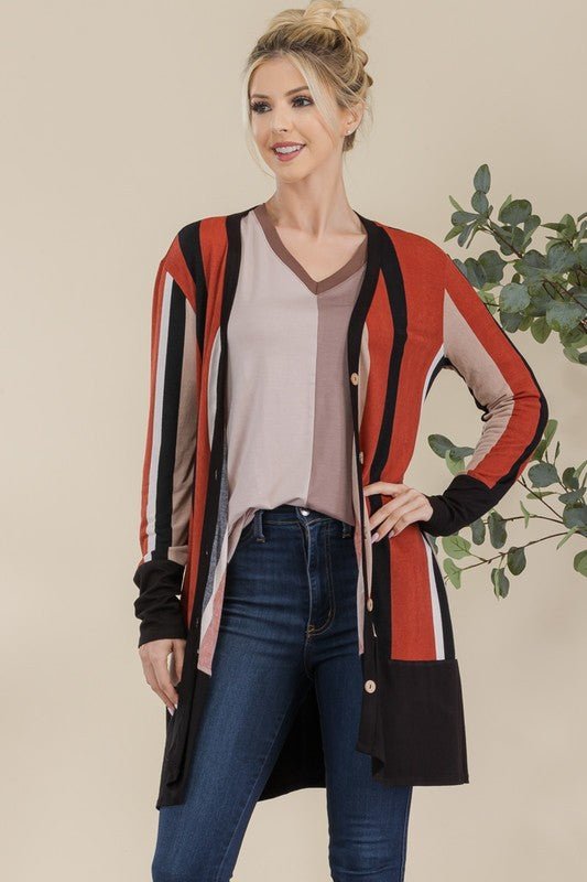 Celeste Full Size Striped Button Up Long Sleeve Cardigan Plus Size - ClassiQ
