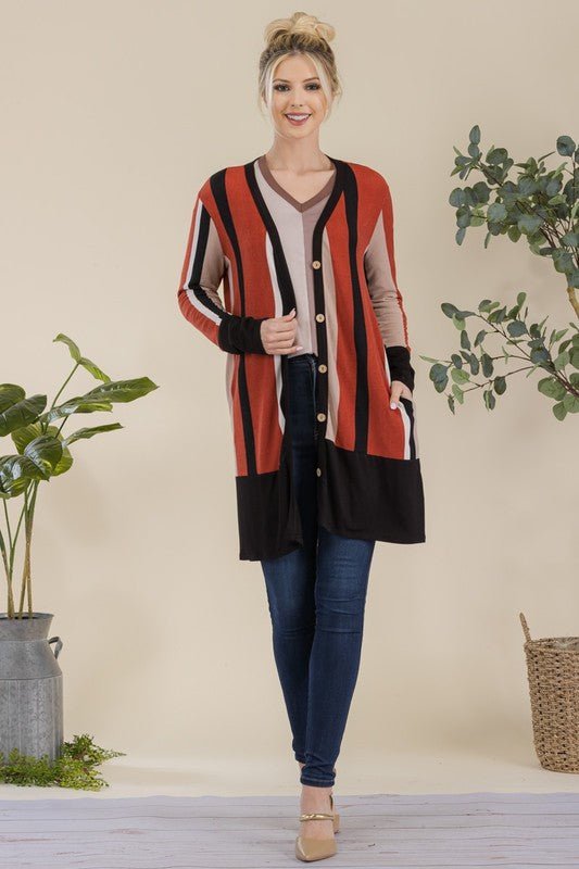 Celeste Full Size Striped Button Up Long Sleeve Cardigan Plus Size - ClassiQ