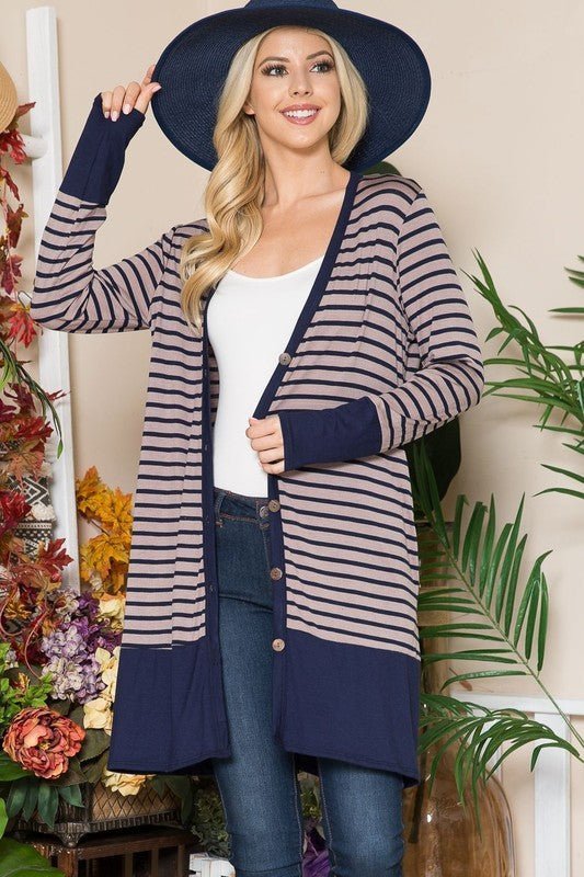 Celeste Full Size Striped Button Up Long Sleeve Cardigan Plus Size