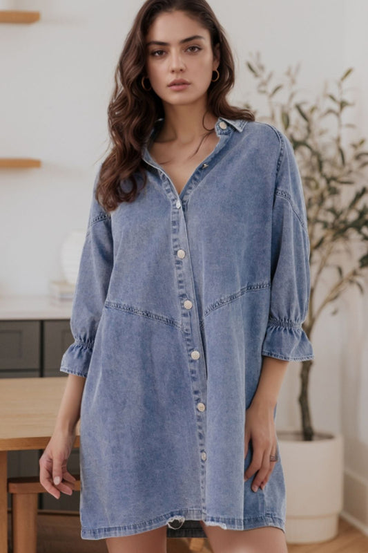Distressed Collared Neck Flounce Sleeve Denim Dress - Classique Collection
