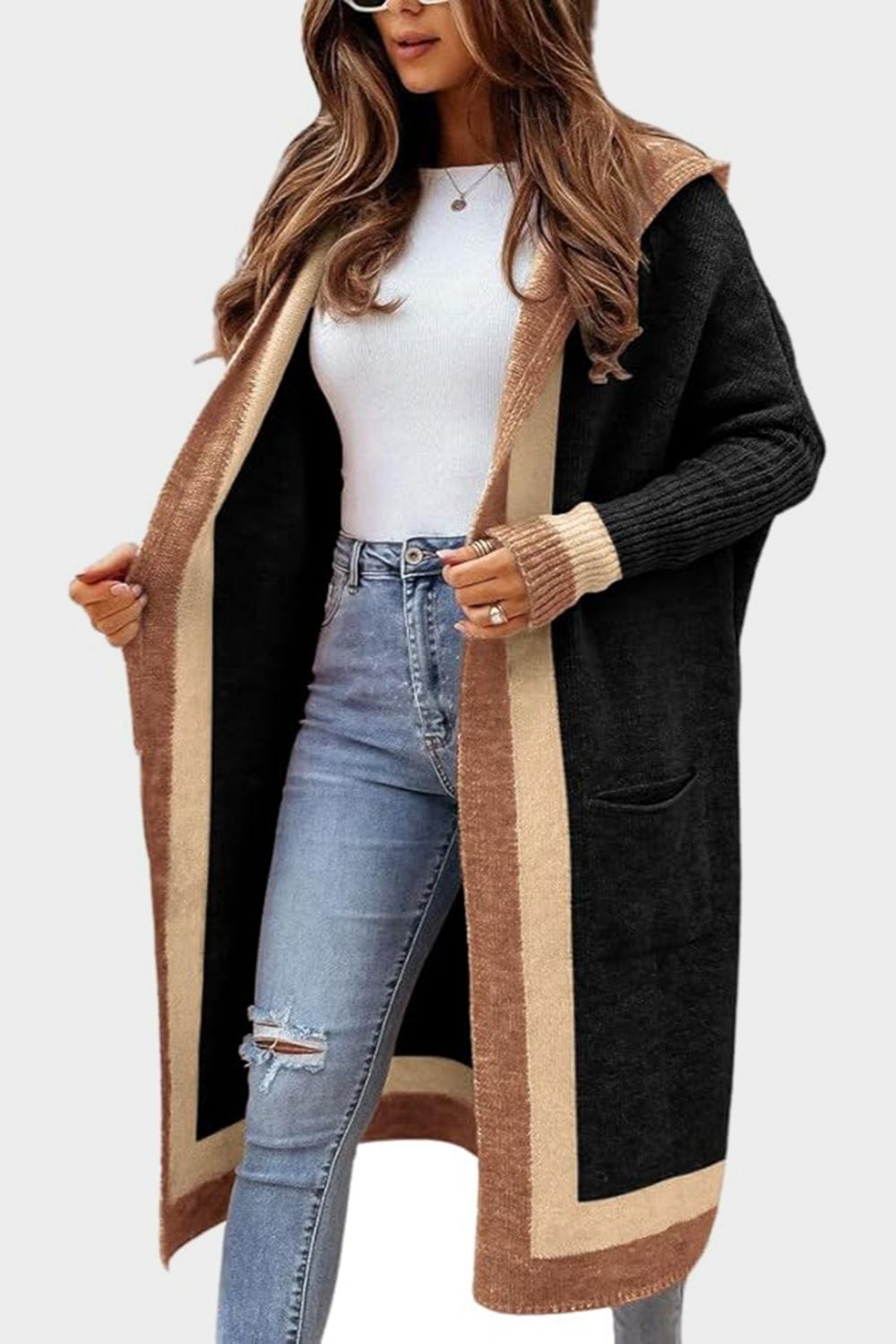 Pocketed Contrast Long Sleeve Hooded Cardigan - ClassiQ