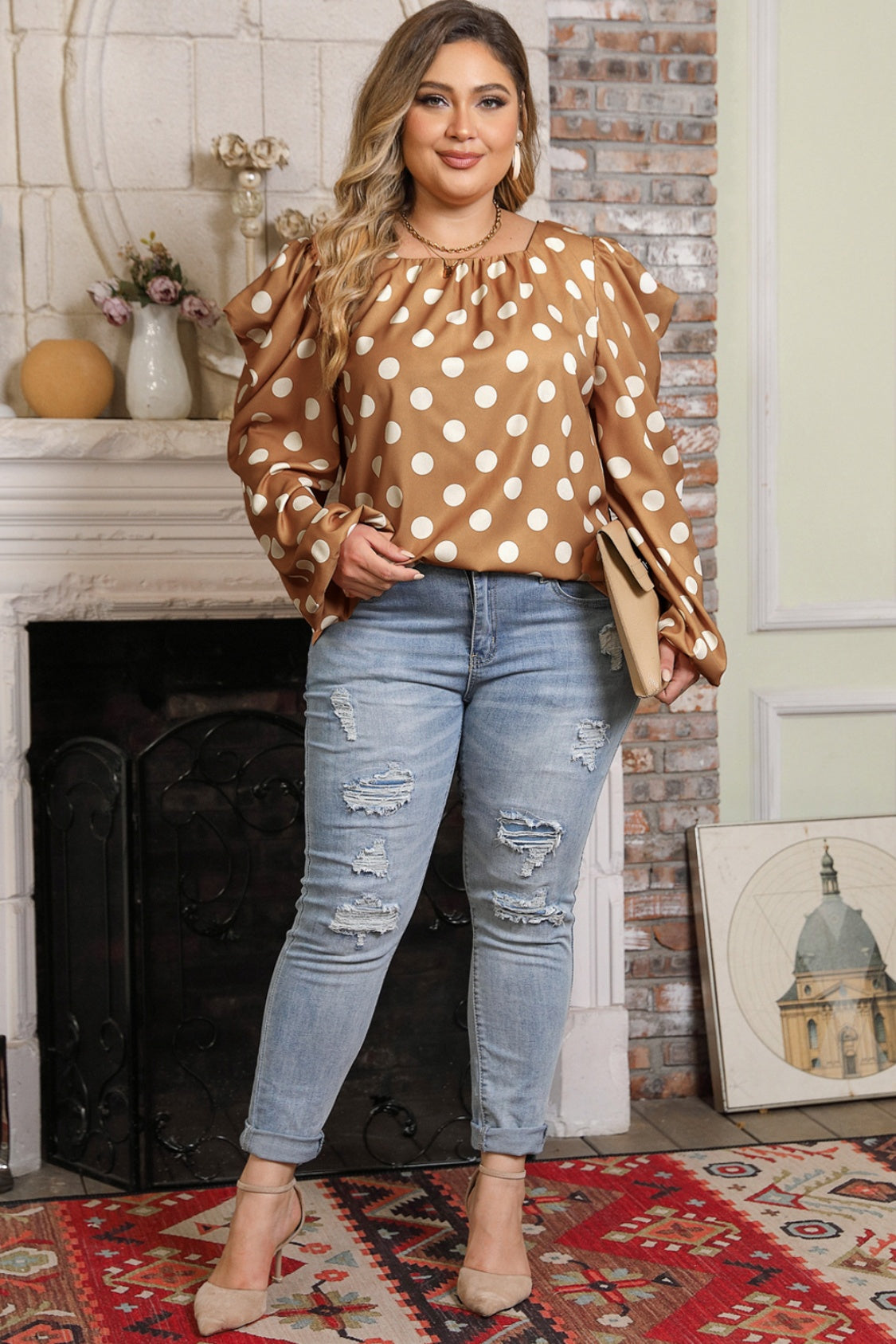 Plus Size Polka Dot Long Sleeve Blouse - Classique Collection
