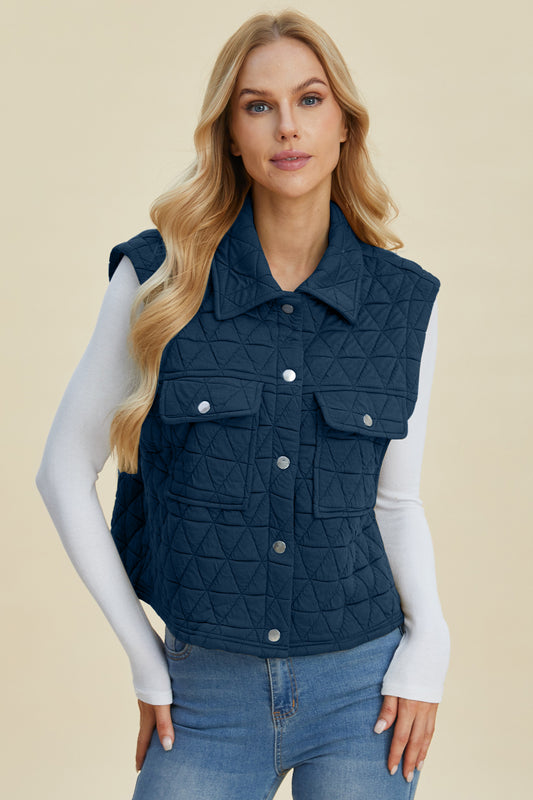 Double Take Full Size Pocketed Texture Snap Down Vest Coat - Classique Collection