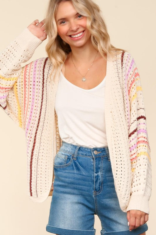 Haptics Full Size Striped Crochet Open Front Cardigan - Classique Collection