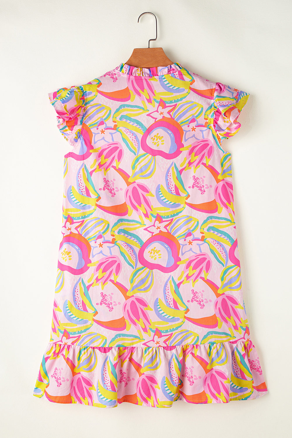 Pink Abstract Floral Ruffle Trim Flutter Sleeve Buttoned Dress ClassiQ