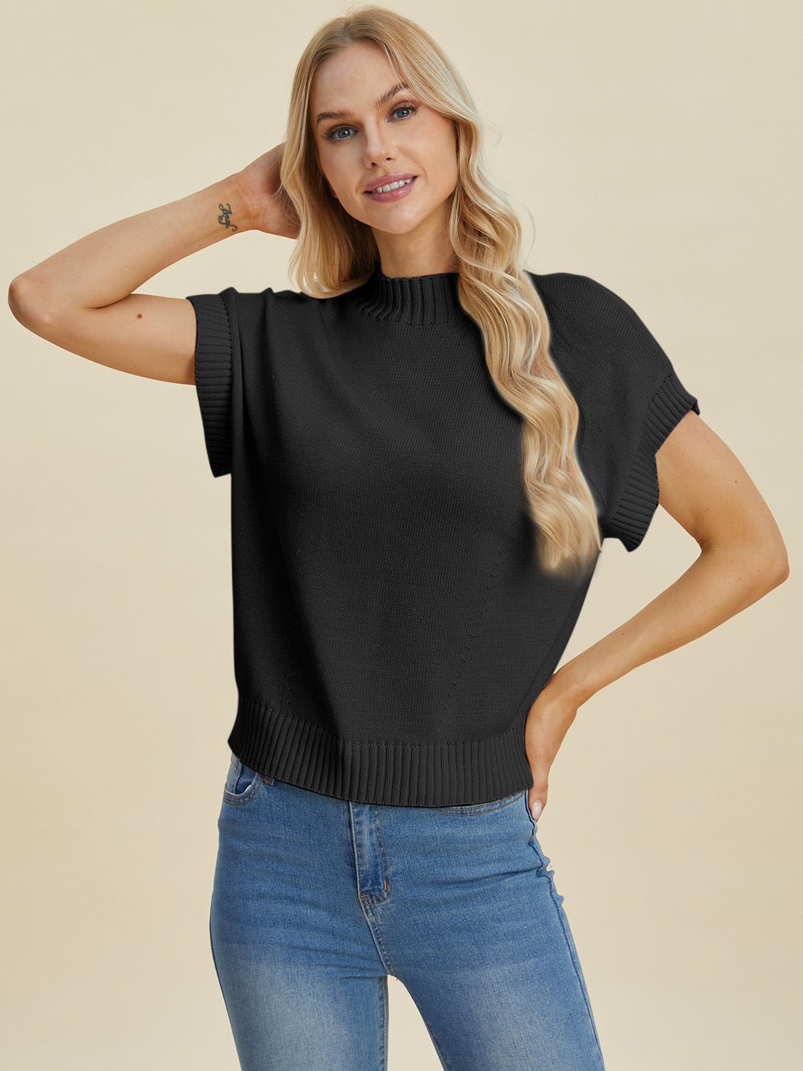 Double Take Full Size Mock Neck Short Sleeve Sweater - ClassiQ