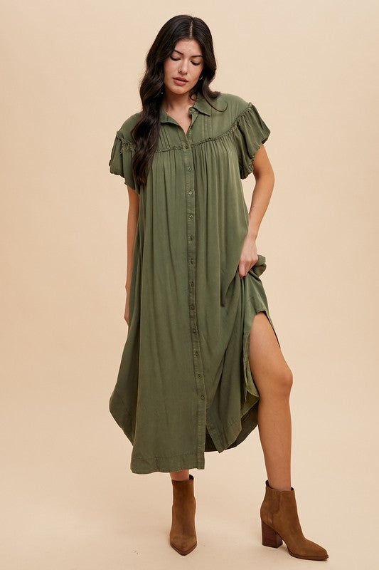 Annie Wear Mineral Washed Button Down Puff Sleeve Shirt Dress - ClassiQ
