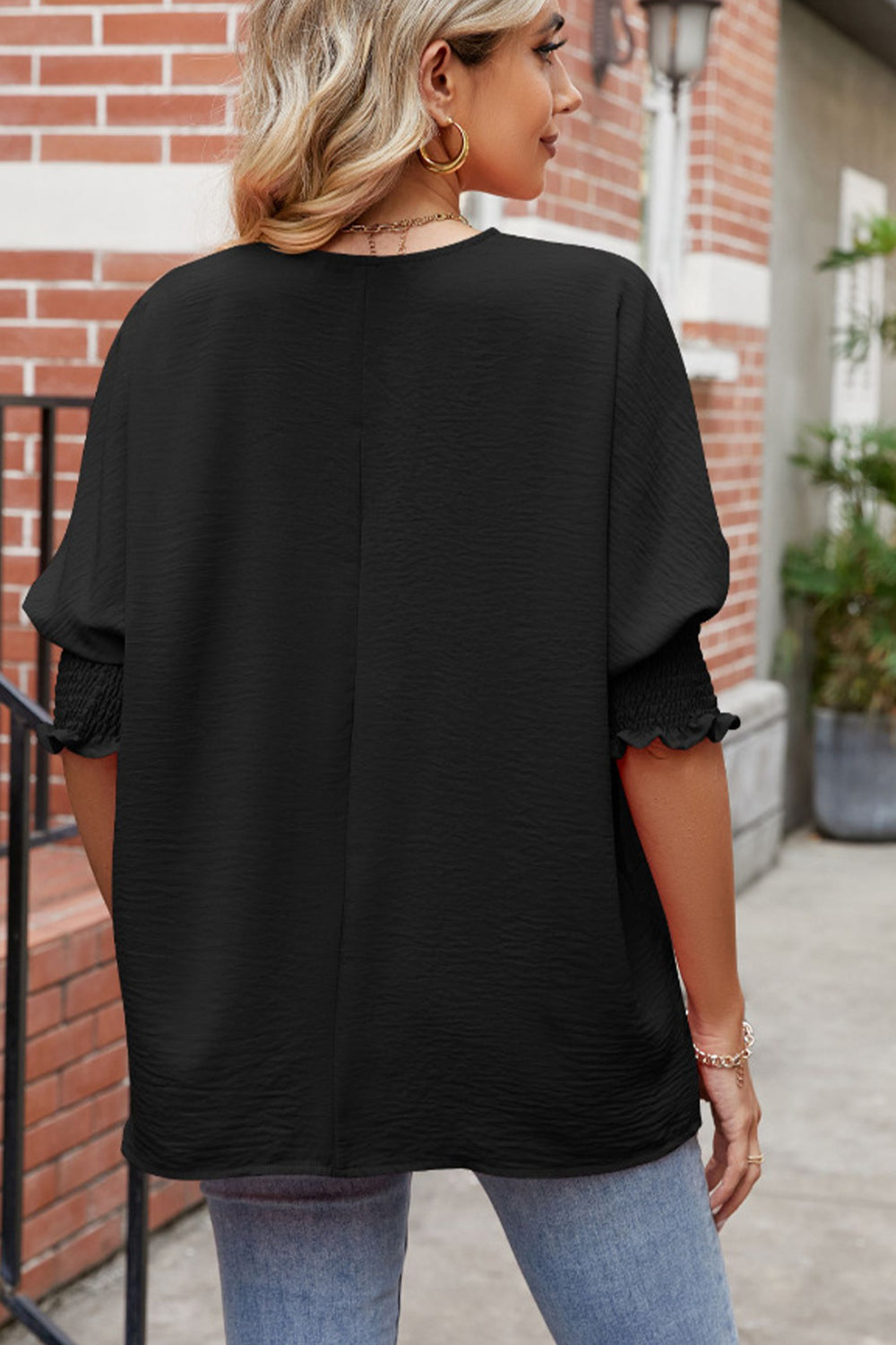 Round Neck Smocked Lantern Sleeve Blouse - Classique Collection