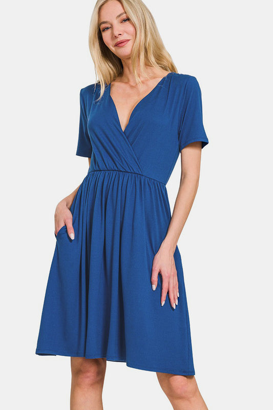 Zenana Surplice Short Sleeve Brushed DTY Dress - Classique Collection