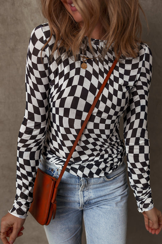 Black Checkered Pattern Mesh Mock Neck Long Sleeve Top ClassiQ