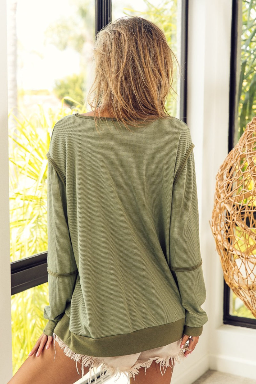 BiBi Waffle Knit Contrast Trim Long Sleeve T-Shirt - Classique Collection