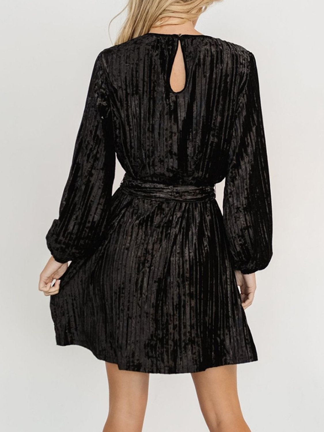 Velvet Round Neck Tie Waist Long Sleeve Mini Dress - Classique Collection