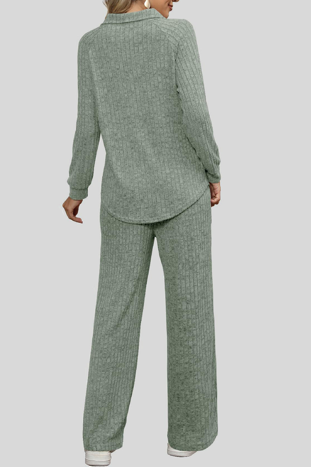 Ribbed Long Sleeve Top and Pocketed Pants Set - ClassiQ