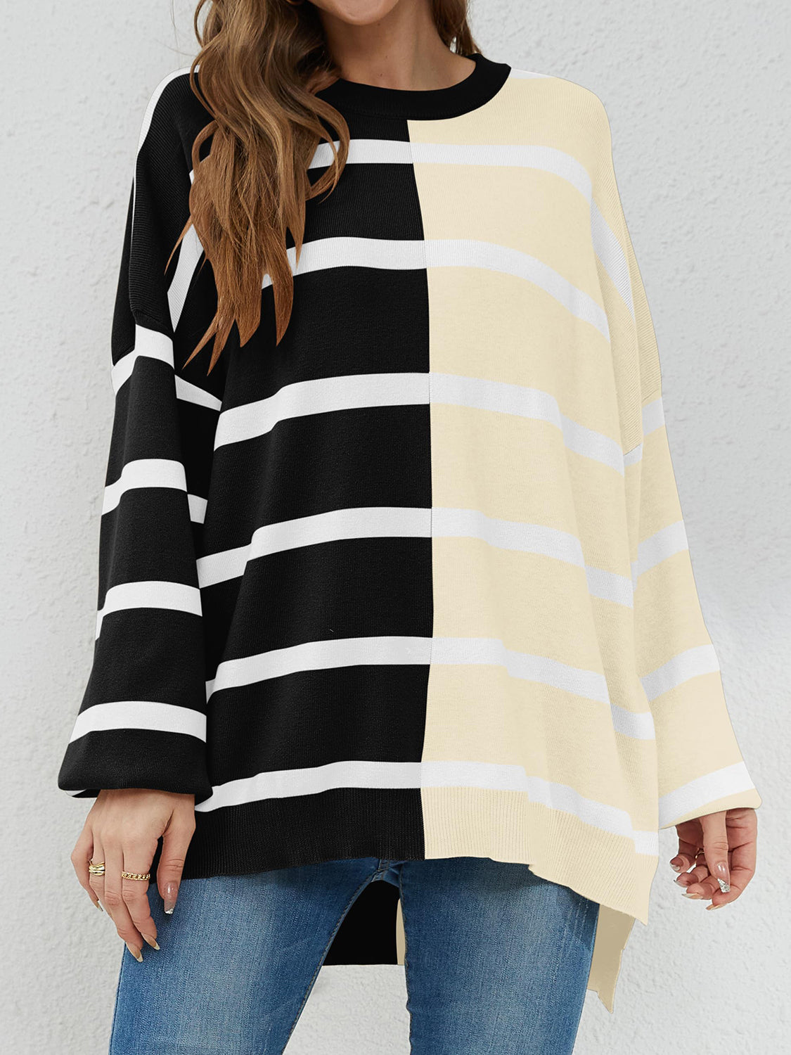 Striped Round Neck Long Sleeve Sweater - ClassiQ