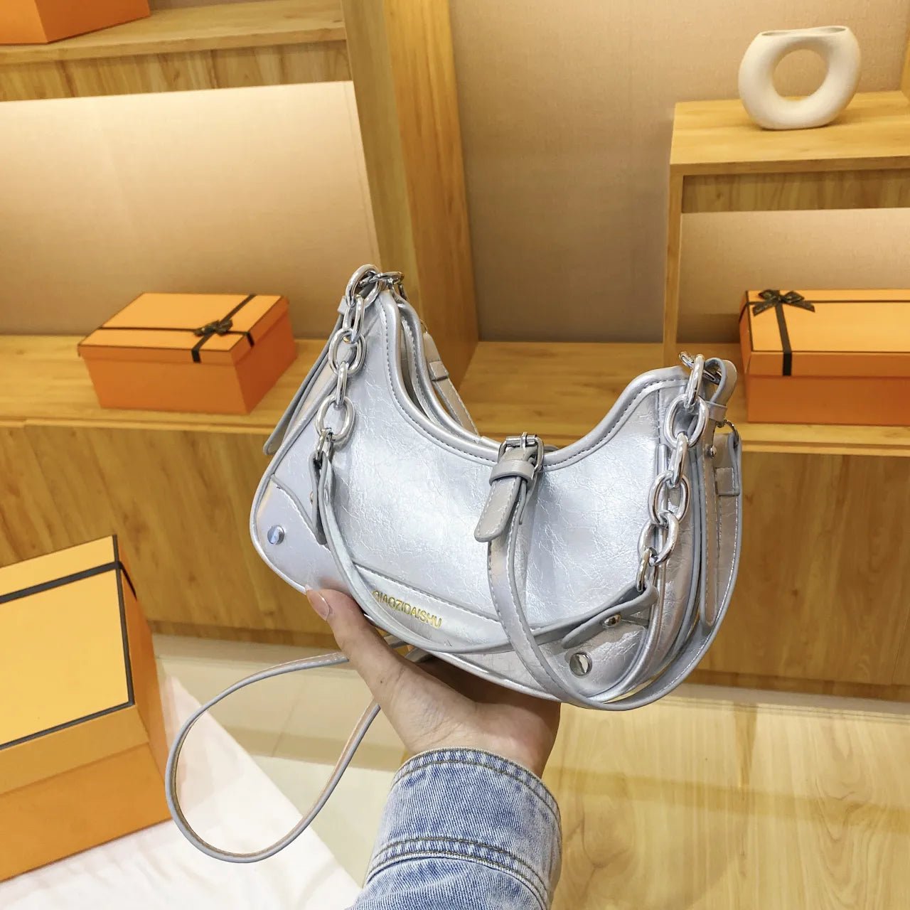 Chain Detail Leather Shoulder BagBag