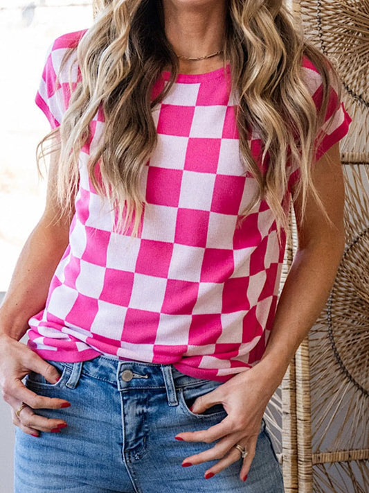 Checkered Cap Sleeve Casual Sweater Top