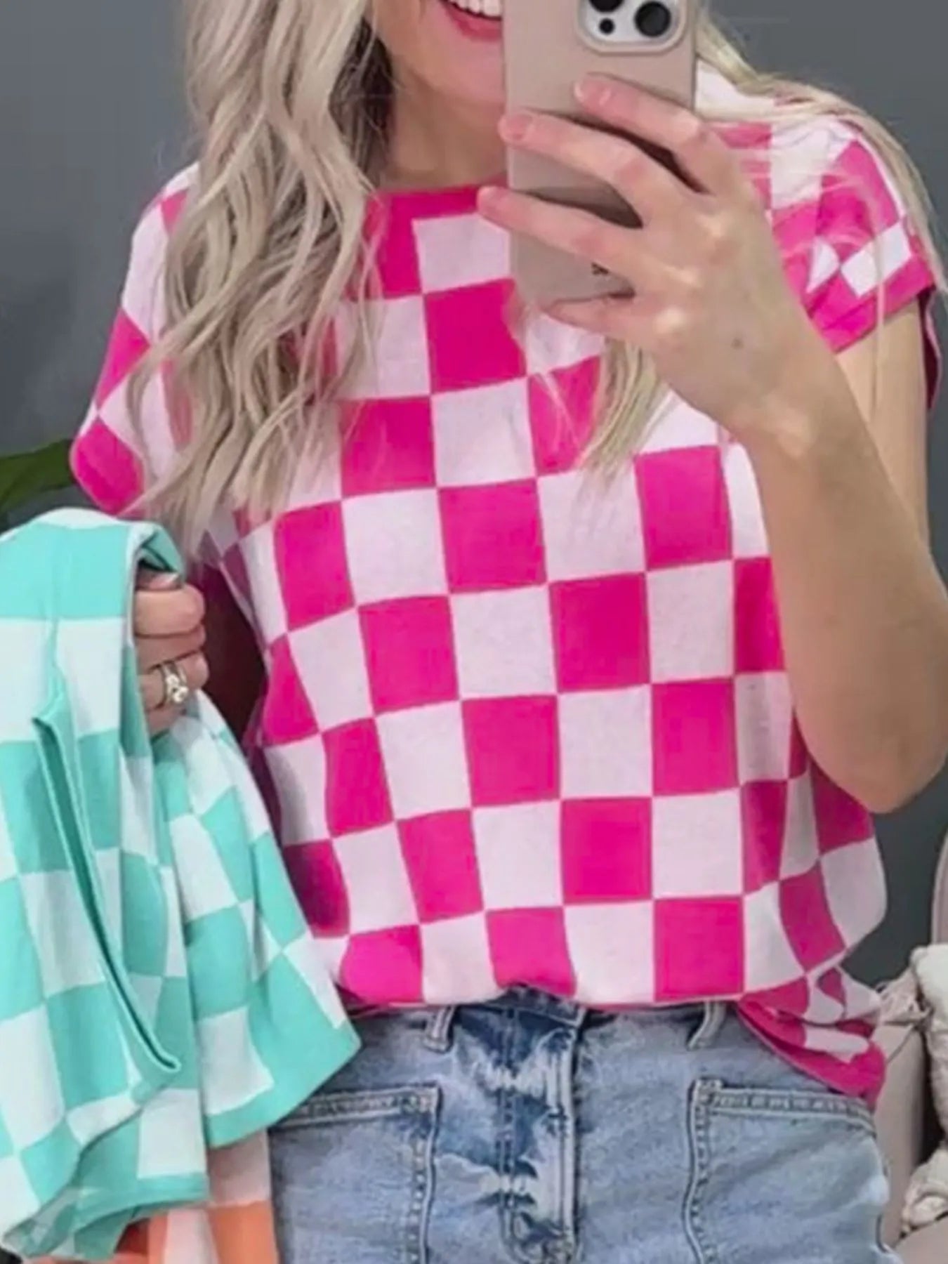 Checkered Cap Sleeve Casual Sweater Top