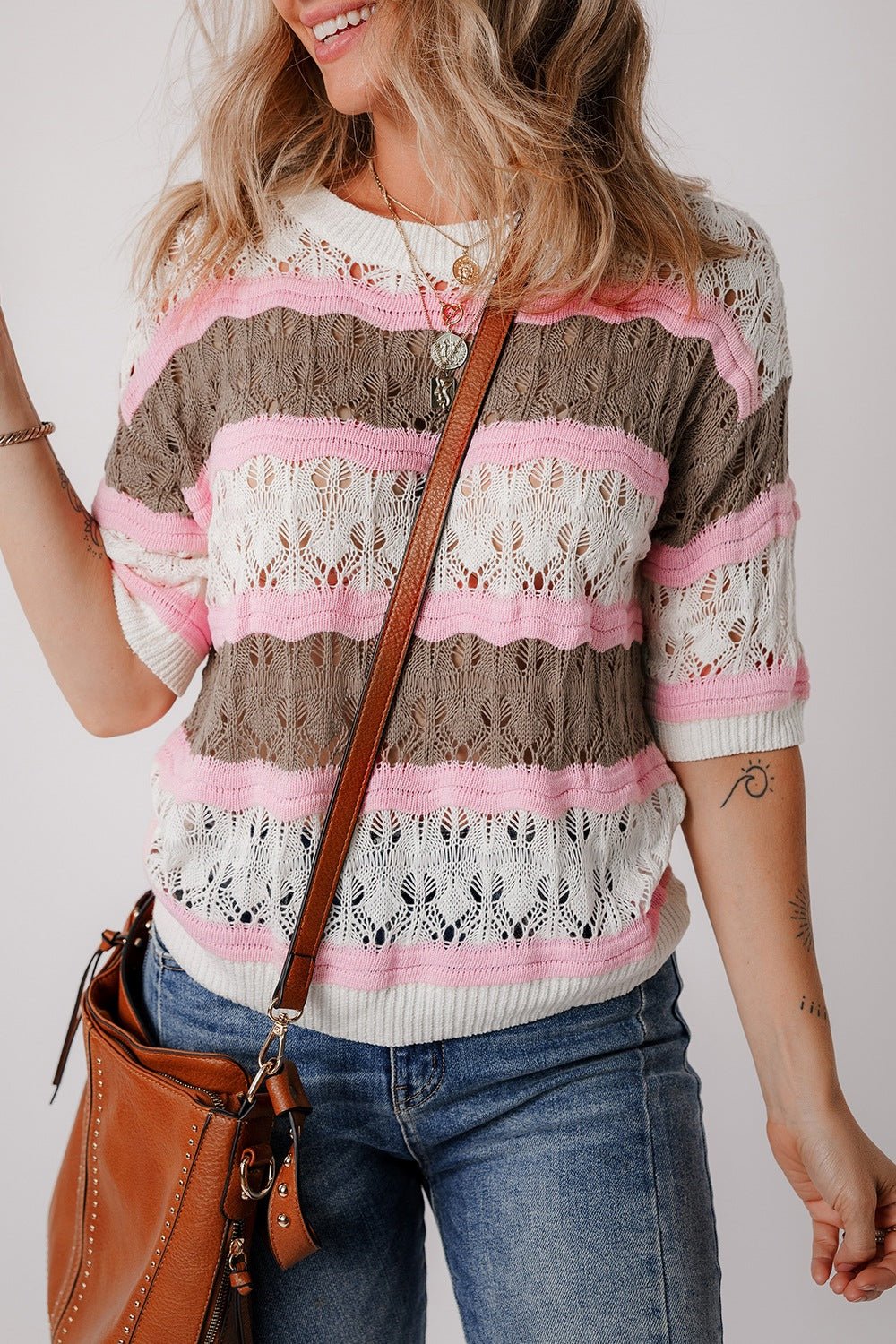 Color Block Openwork Half Sleeve Sweater