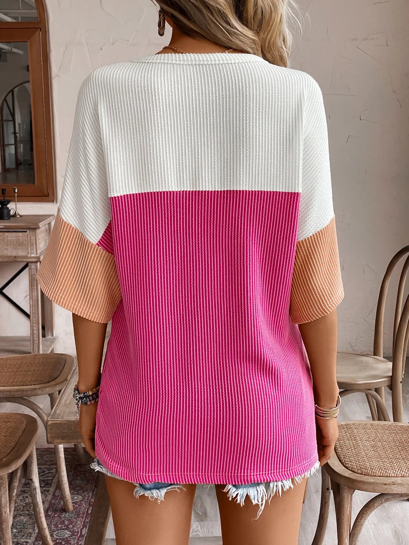 Color Block Ribbed Knit Casual T-Shirt