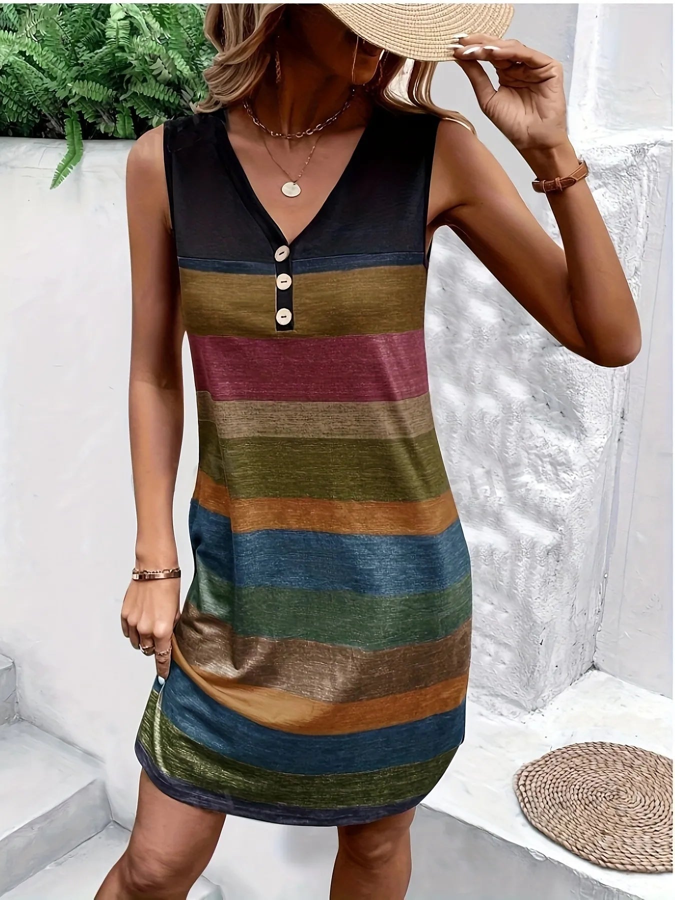 Color Block Sleeveless V - Neck Tank Dress
