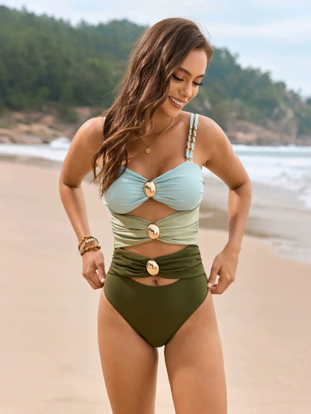 Color Block Sweetheart Neck One - Piece Swimwear