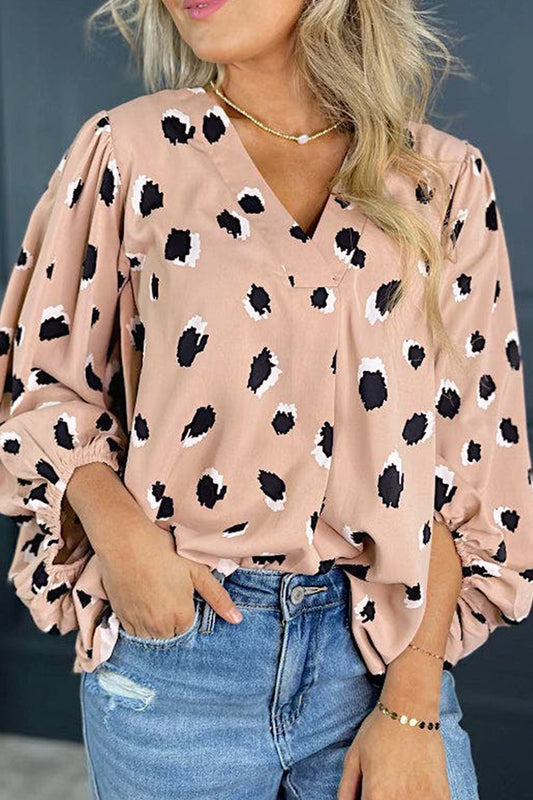 Contrast Animal Print V - Neck Long Sleeve Blouse