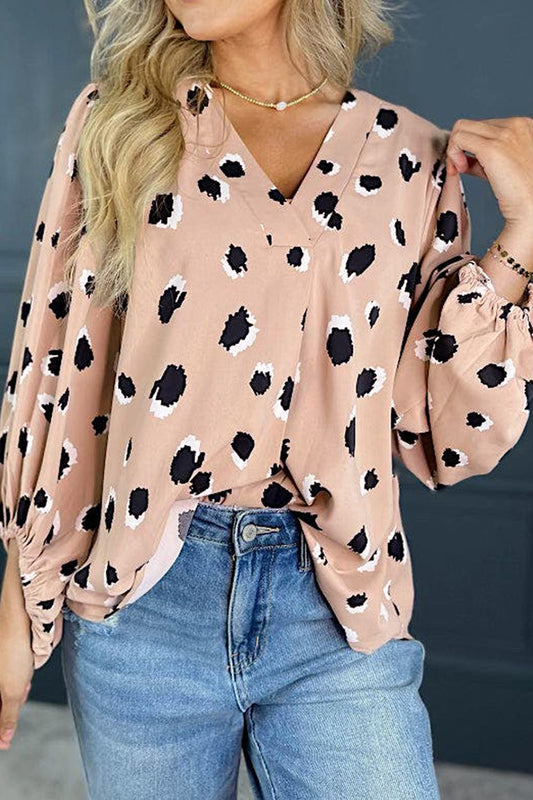 Contrast Animal Print V - Neck Long Sleeve Blouse