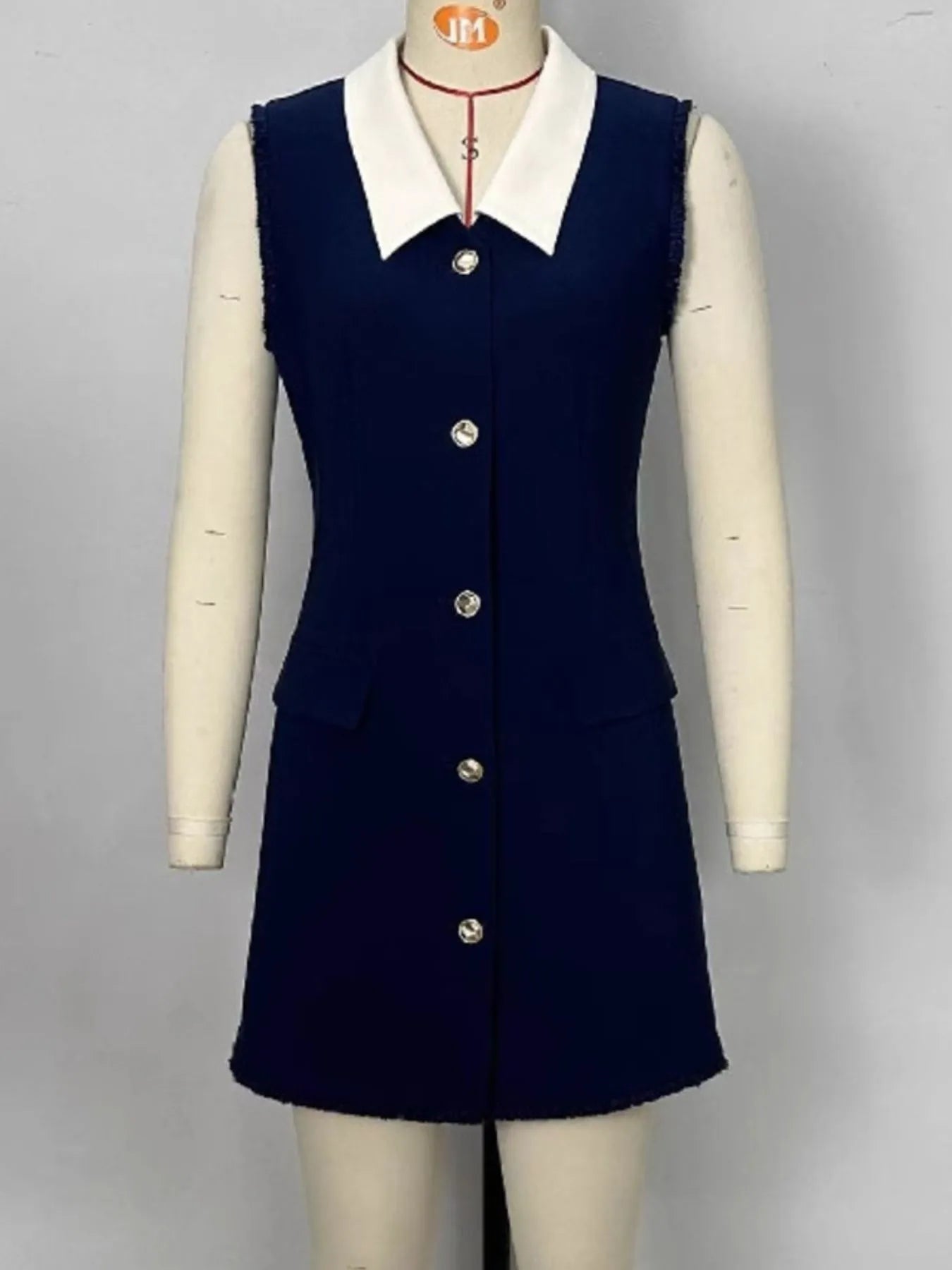 Contrast Collar Button - Front Sleeveless Mini Dress