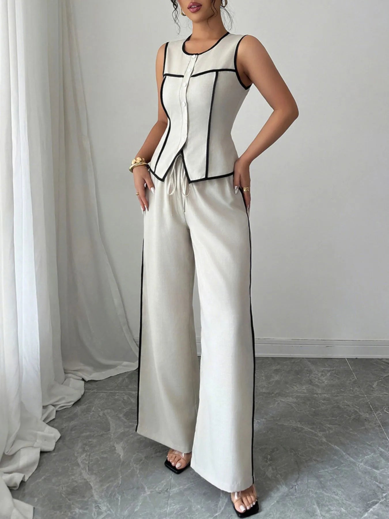 Contrast Piping Round Neck Top and Wide - Leg Pants Set