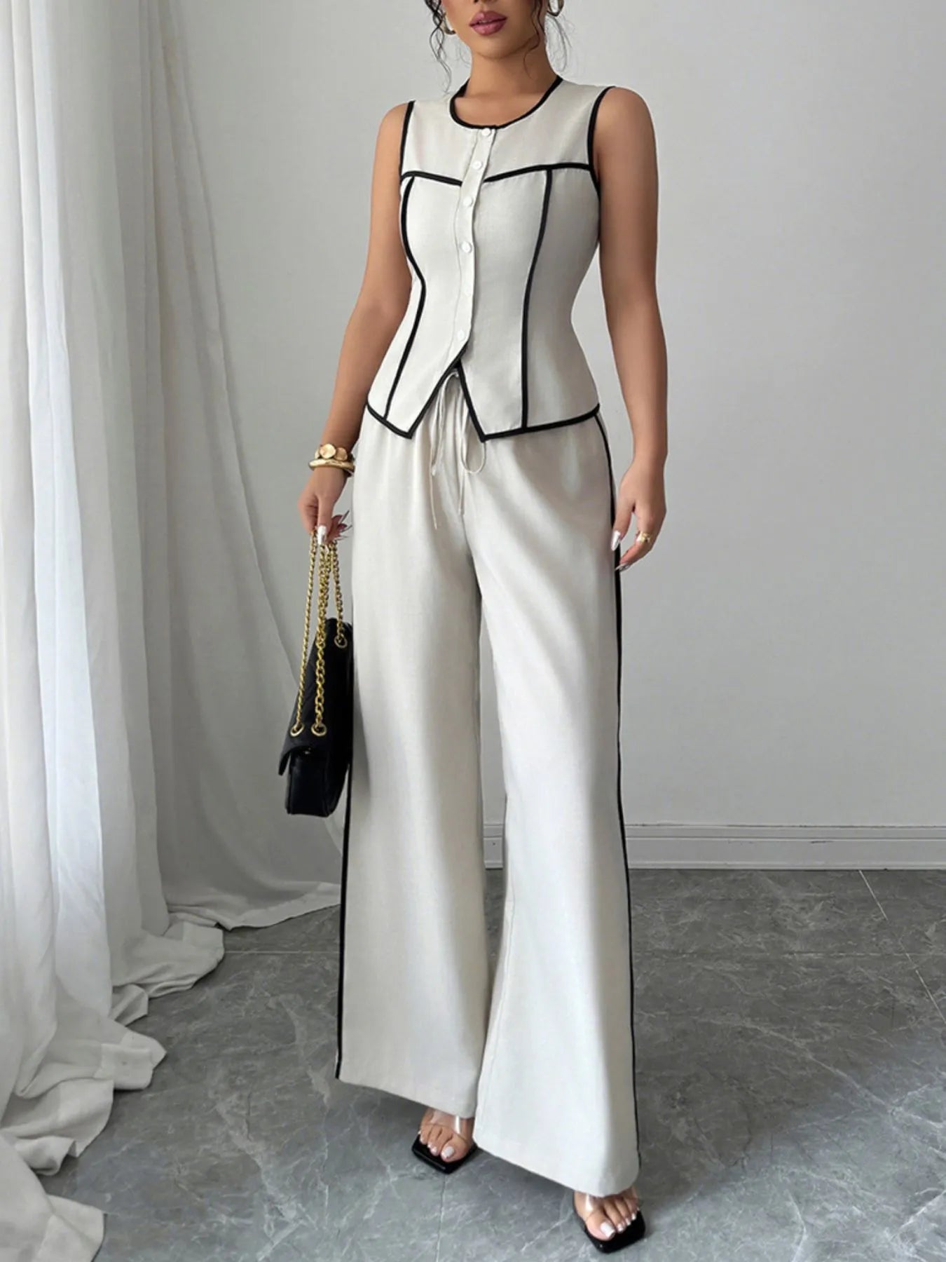 Contrast Piping Round Neck Top and Wide - Leg Pants Set