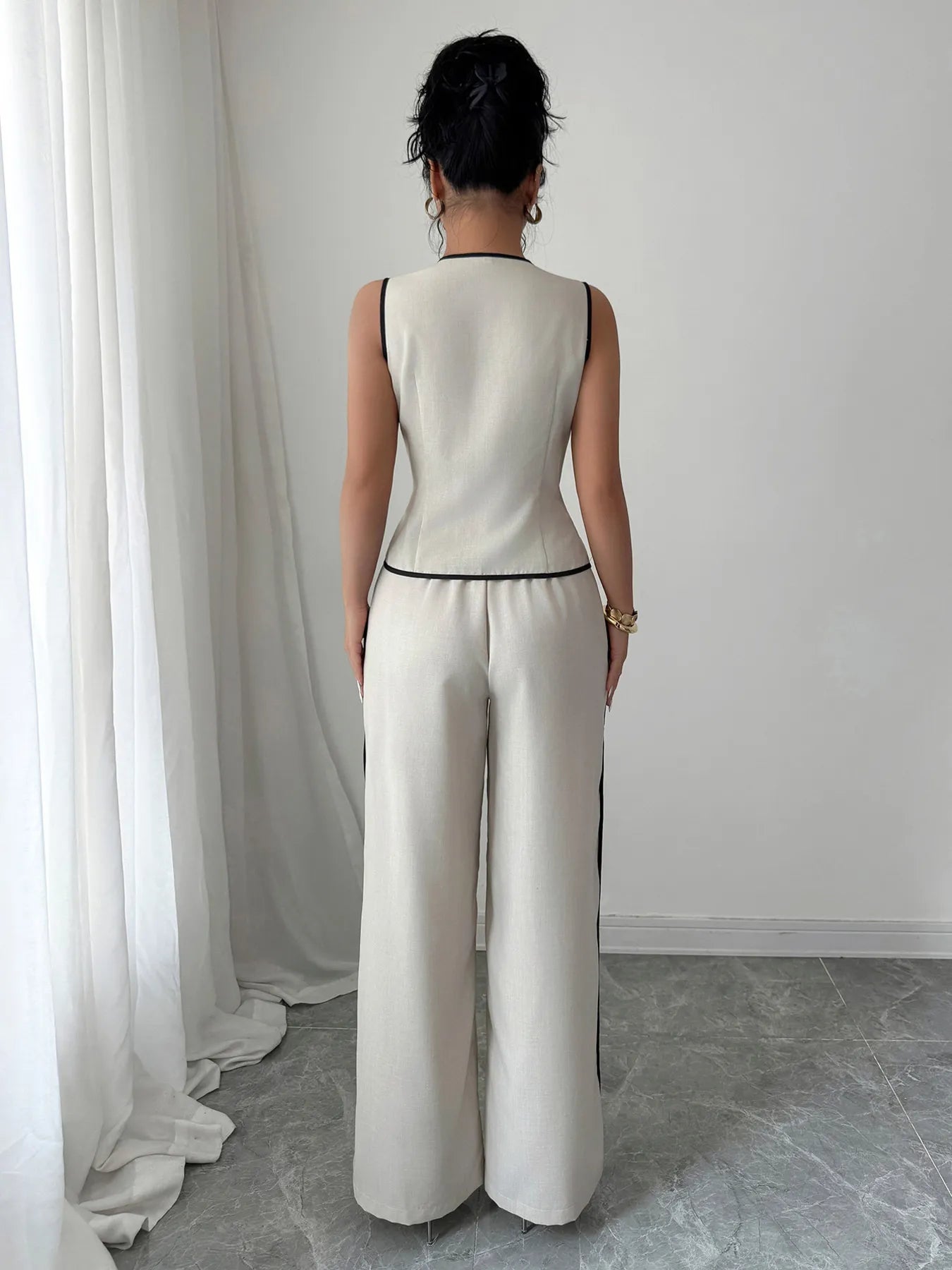 Contrast Piping Round Neck Top and Wide - Leg Pants Set