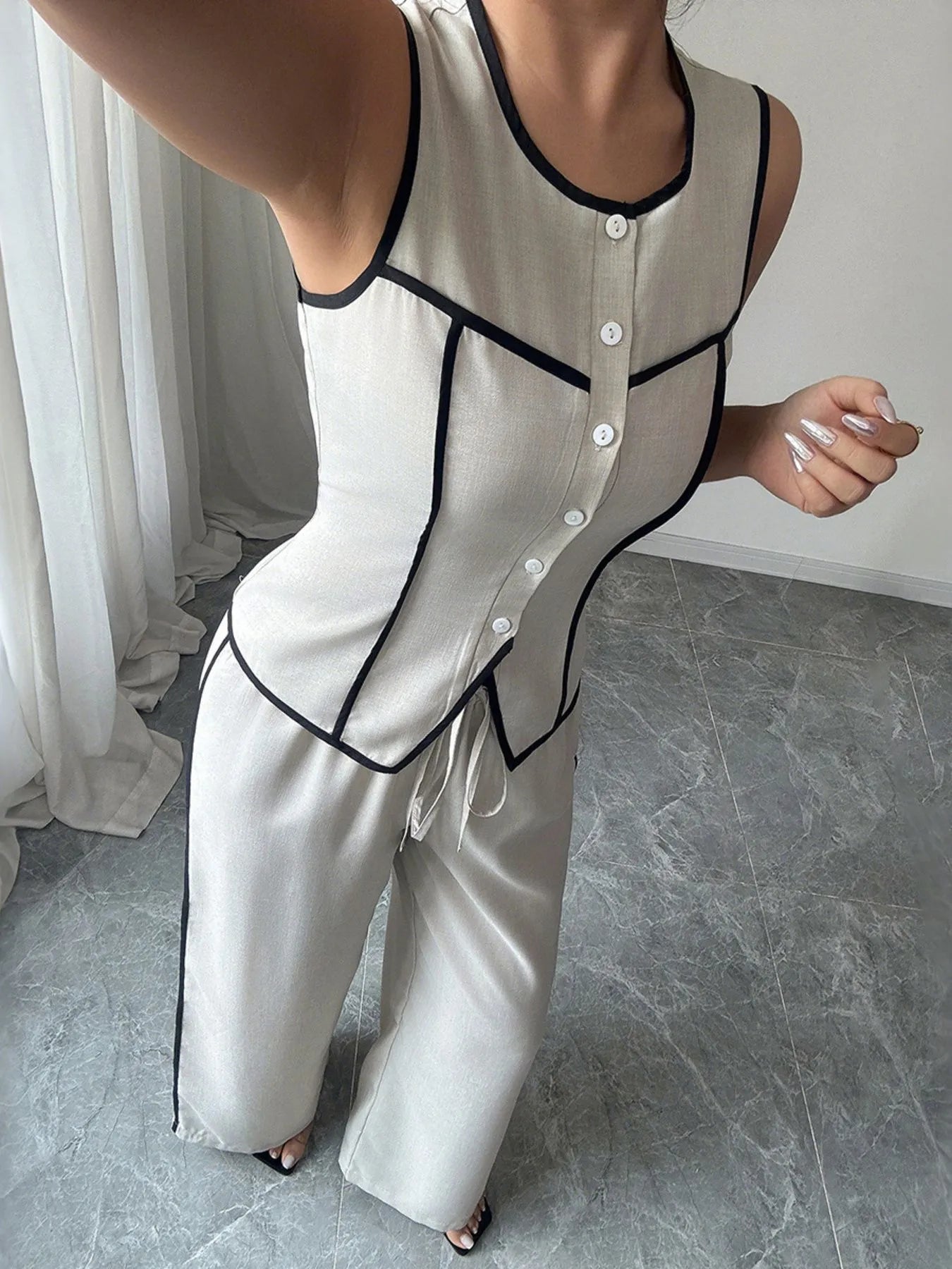 Contrast Piping Round Neck Top and Wide - Leg Pants Set