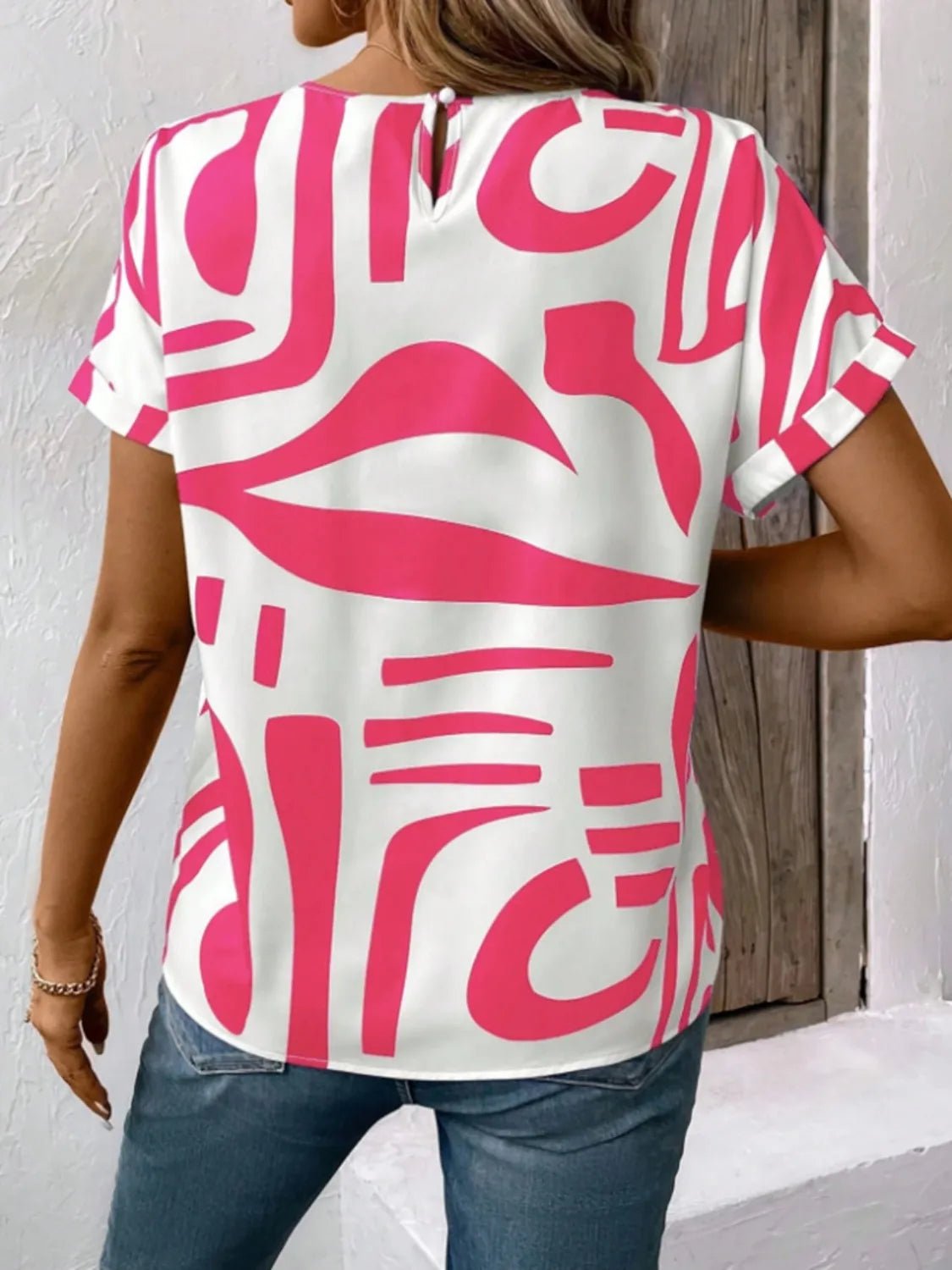 Contrast Round Neck Short Sleeve Blouse