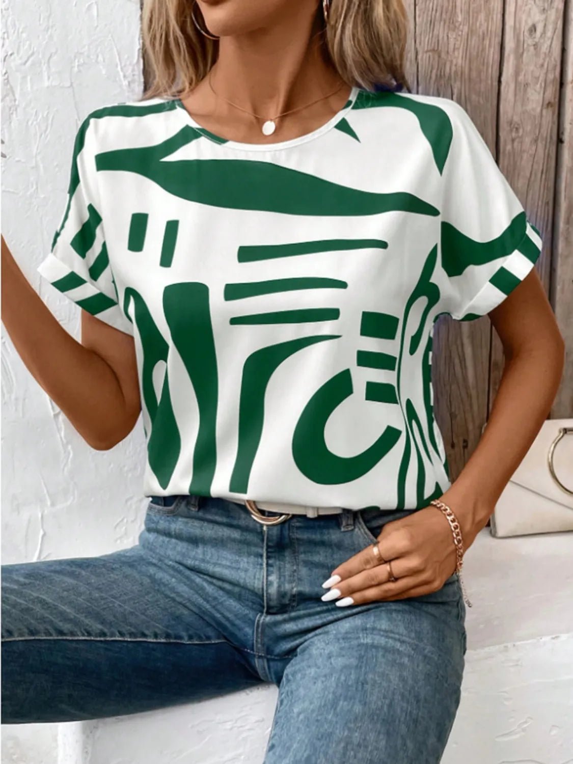 Contrast Round Neck Short Sleeve Blouse