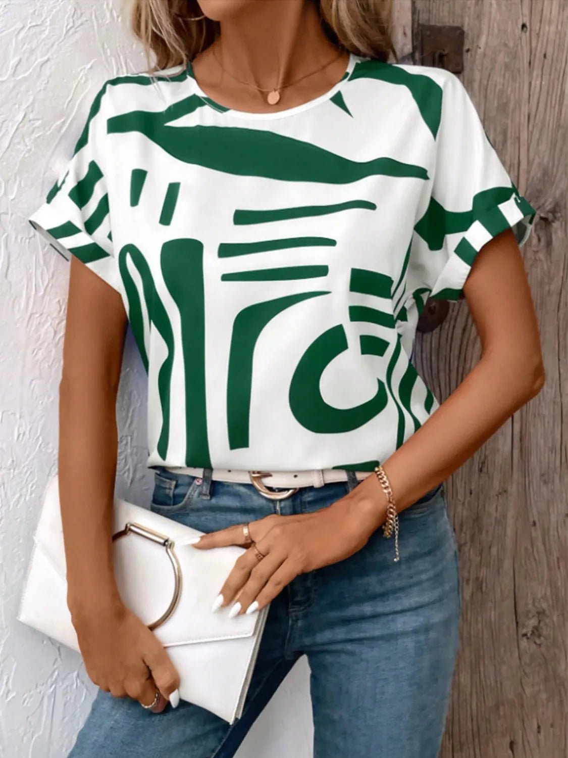 Contrast Round Neck Short Sleeve Blouse