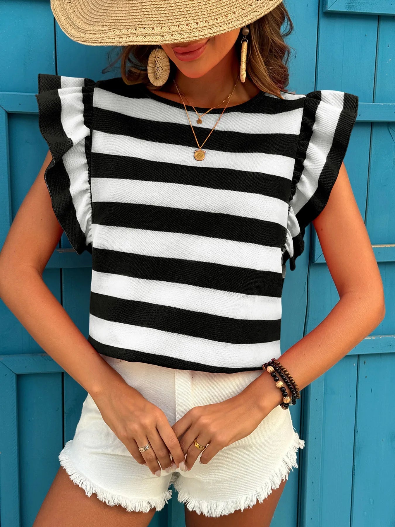 Contrast Striped Ruffle Sleeve T-Shirt