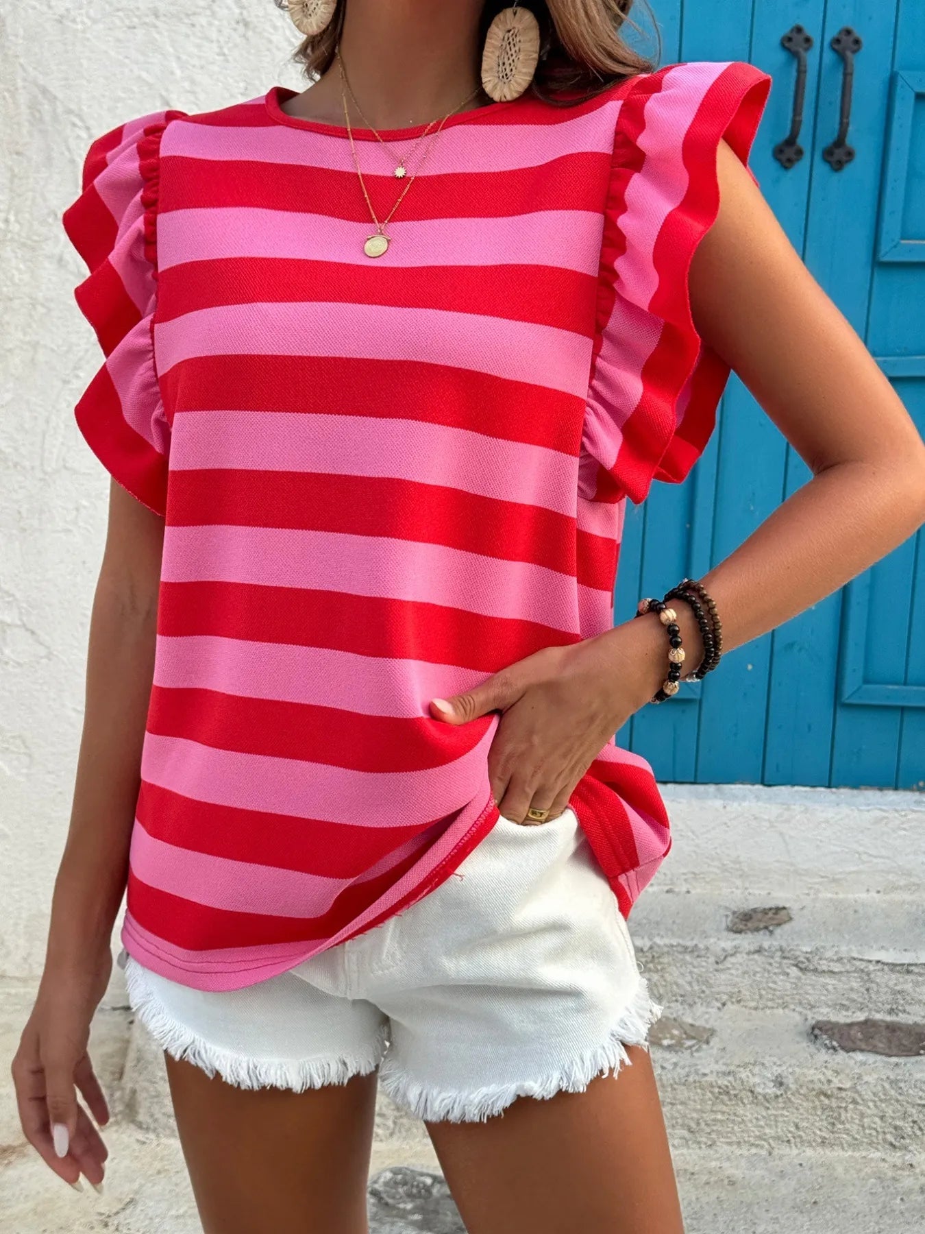 Contrast Striped Ruffle Sleeve T-Shirt