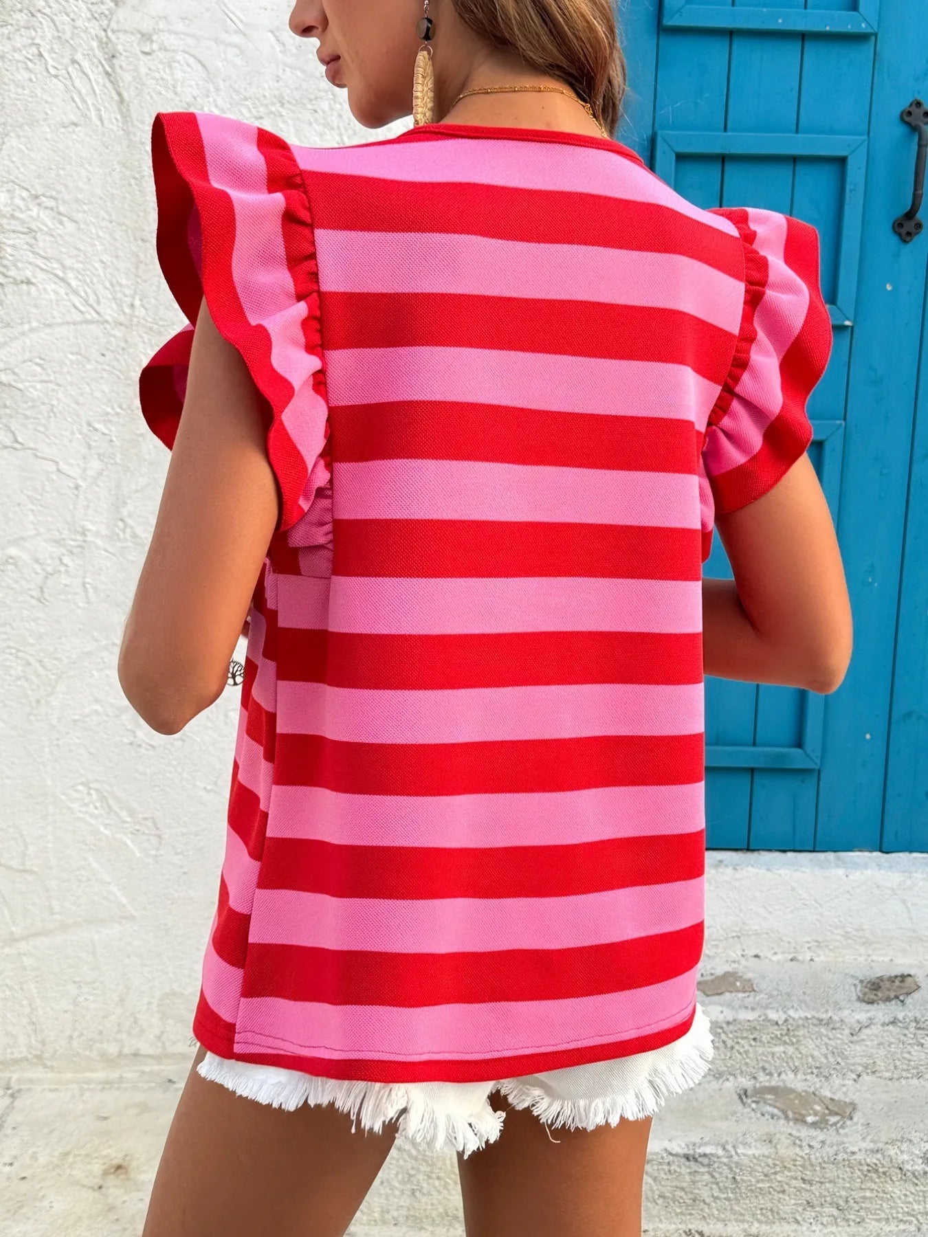 Contrast Striped Ruffle Sleeve T-Shirt
