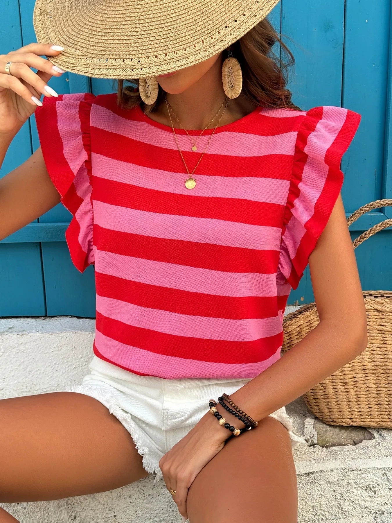 Contrast Striped Ruffle Sleeve T-Shirt