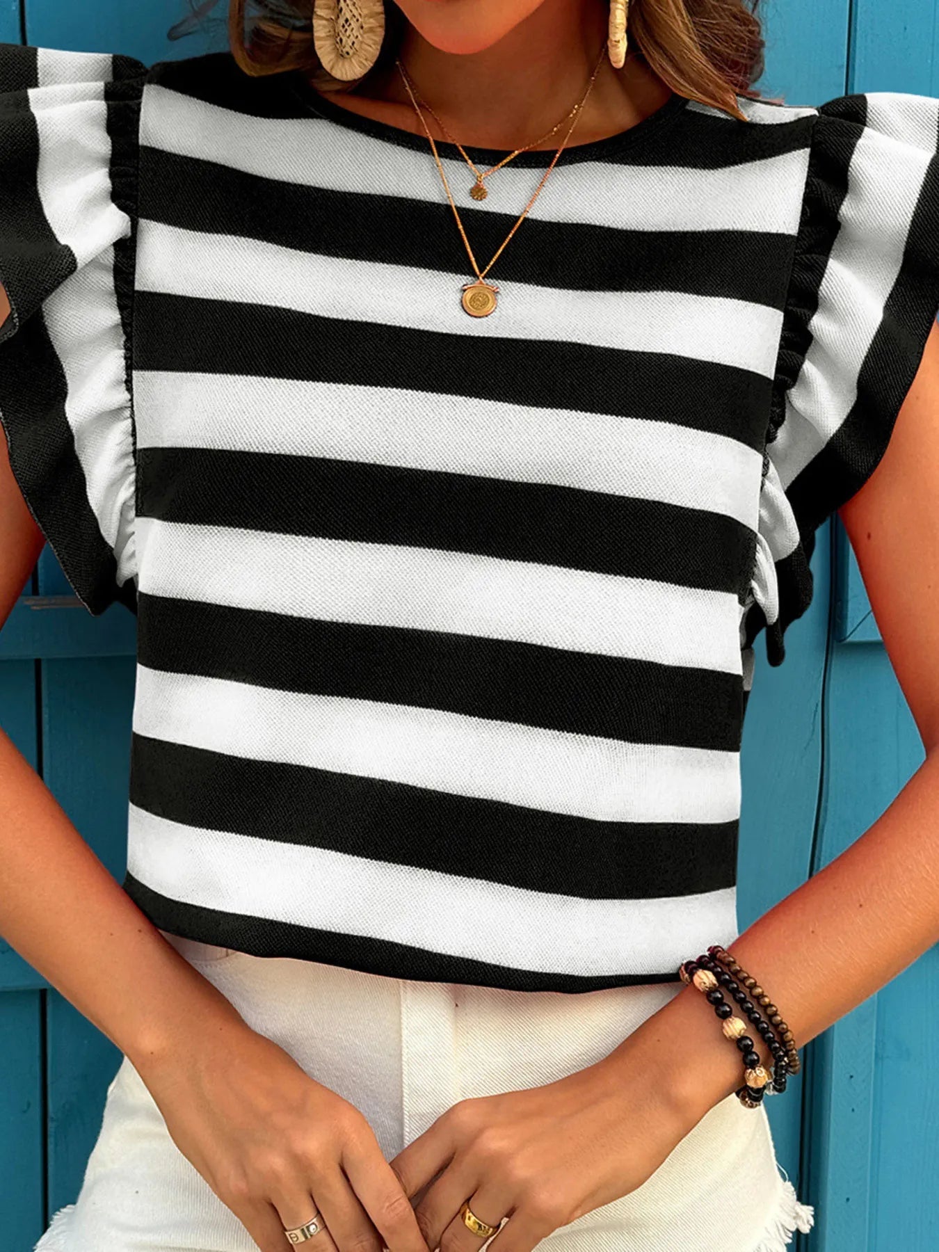 Contrast Striped Ruffle Sleeve T-Shirt