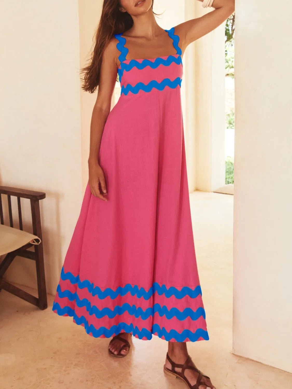 Contrast Trim Square Neck Maxi Cami Dress