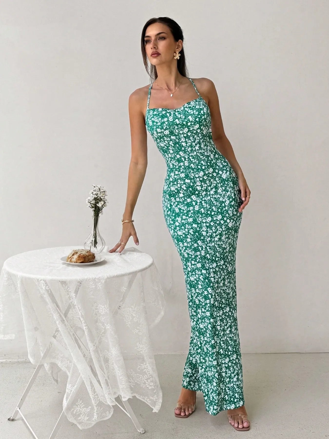 Crisscross Back Floral Print Bodycon Maxi Dress