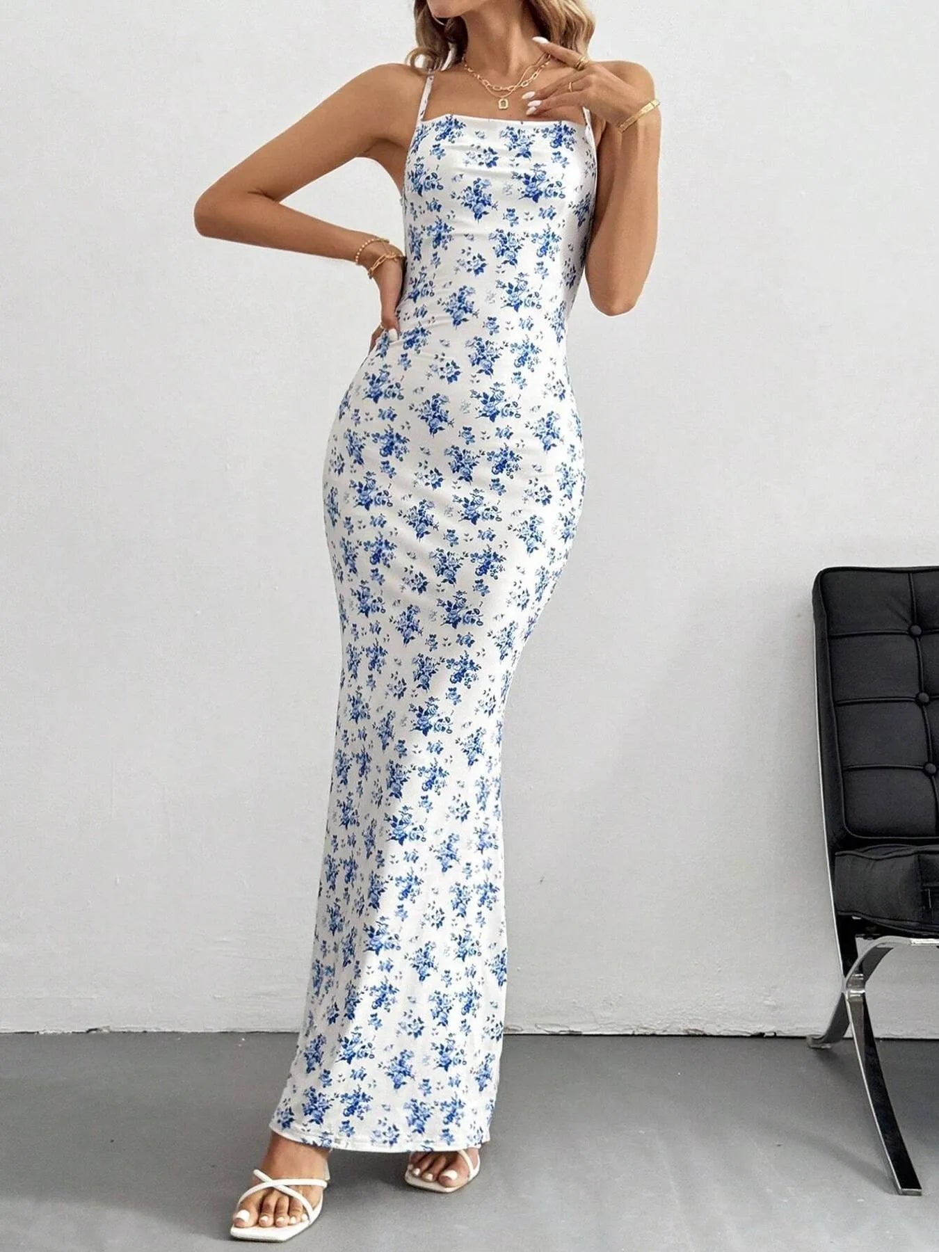 Crisscross Back Floral Print Bodycon Maxi Dress